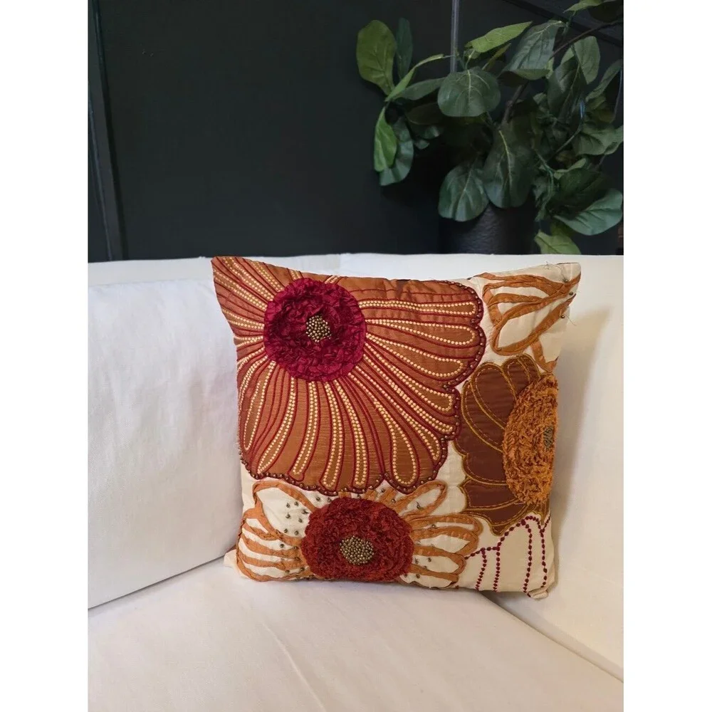 Pier 1 Floral Beaded Embroidered Square Ribbon Burgundy Rust Pillow Cover 18x18